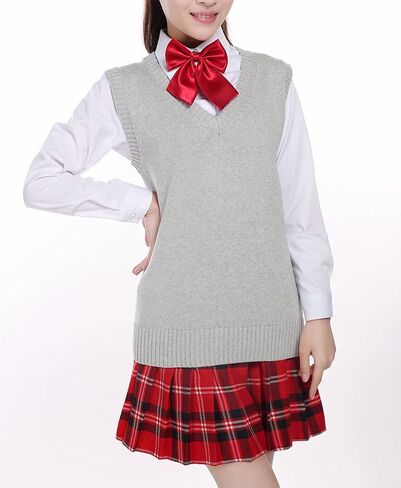 Men Women Knitted Cotton V-Neck Vest JK Uniform Pullover Sleeveless Sweater School Cardigan Light Gray in Kuwait
