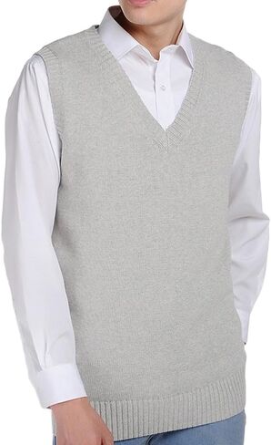 Men Women Knitted Cotton V-Neck Vest JK Uniform Pullover Sleeveless Sweater School Cardigan Light Gray in Kuwait