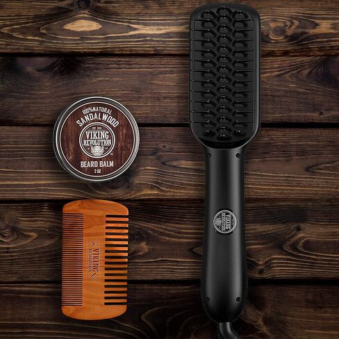 فرشاة تمليس اللحية للرجال - مشط تمليس اللحية من السيراميك والأيوني سريع التسخين للرجال - فرشاة لحية ساخنة - تتضمن مشطًا خشبيًا للحية وبلسمًا للحية برائحة خشب الصندل in Kuwait