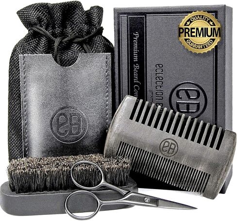 Beard Brush & Beard Comb Kit, Natural Boar Bristle Brush, Authentic Sandalwood Dual Action Comb & Durable Case, Mustache Trimming Scissors, Linen Pouch Bag, Gift Box Set for Men's Daily Grooming Care in Saudi Arabia