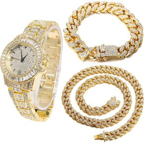 Halukakah Diamonds Gold Watch Iced Out,Men's 18K Real Gold/Platinum White Gold Plated 38MM Width Round Dial Quartz Wristband 8.7" with Cuban Link Chain 8"+18" Necklace Bracelet,Free Giftbox in Kuwait