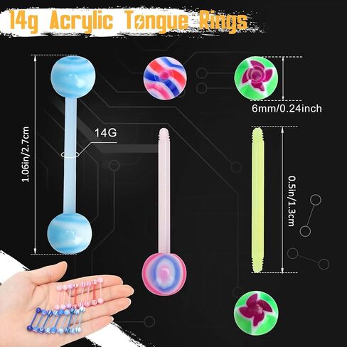CrazyPiercing 100Pcs 14G Acrylic Tongue Rings, Multi Color Assortment Flexible Tongue Rings Barbells Mix Piercing in Kuwait