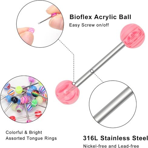 CrazyPiercing 100Pcs 14G Acrylic Tongue Rings, Multi Color Assortment Flexible Tongue Rings Barbells Mix Piercing in Kuwait