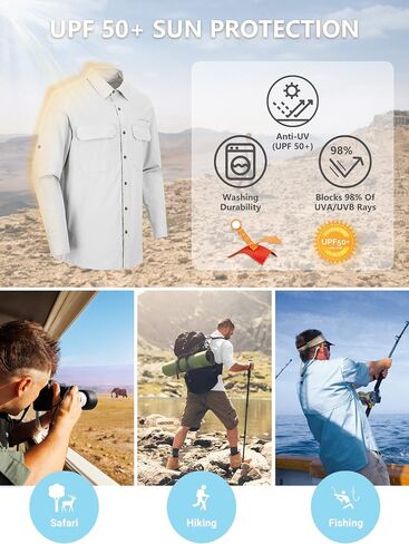Outdoor Ventures Men's UPF 50+ UV Sun Protection Shirt, Long Sleeve Hiking Fishing Shirt Cooling Quick Dry for Safari Travel in Kuwait