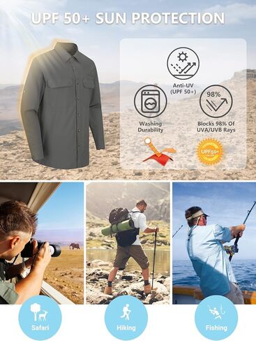 Outdoor Ventures Men's UPF 50+ UV Sun Protection Shirt, Long Sleeve Hiking Fishing Shirt Cooling Quick Dry for Safari Travel in Kuwait