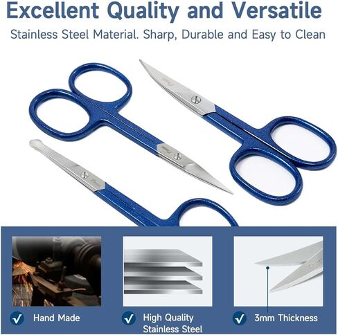 Eyebrow Trimming Grooming Scissors for Facial Hair Removal and Ear Nose, Stainless Steel Fine Straight Tip Scissors for Men & Women (Blue) in Kuwait