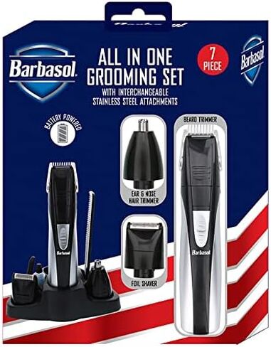 Barbasol Portable Battery Powered All in 1, 7 Piece Beard Grooming Set with Ear and Nose Trimmer, Foil Shaver and Beard Trimmer with Stainless Steel Blades and Stand in Saudi Arabia