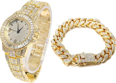 ساعة Halukakah Diamonds Gold مثلجة، للرجال من الذهب الحقيقي عيار 18 قيراط/بلاتينيوم مطلي بالذهب الأبيض بعرض 38 مم بمينا دائري كوارتز معصم 8.7 بوصة مع سلسلة ربط كوبية 8 بوصة + 18 بوصة، سوار قلادة، صندوق هدايا مجاني in Saudi Arabia