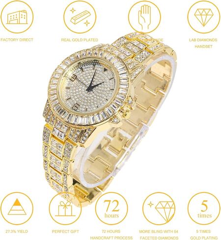 ساعة Halukakah Diamonds Gold مثلجة، للرجال من الذهب الحقيقي عيار 18 قيراط/بلاتينيوم مطلي بالذهب الأبيض بعرض 38 مم بمينا دائري كوارتز معصم 8.7 بوصة مع سلسلة ربط كوبية 8 بوصة + 18 بوصة، سوار قلادة، صندوق هدايا مجاني in Saudi Arabia