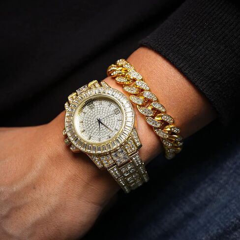 ساعة Halukakah Diamonds Gold مثلجة، للرجال من الذهب الحقيقي عيار 18 قيراط/بلاتينيوم مطلي بالذهب الأبيض بعرض 38 مم بمينا دائري كوارتز معصم 8.7 بوصة مع سلسلة ربط كوبية 8 بوصة + 18 بوصة، سوار قلادة، صندوق هدايا مجاني in Saudi Arabia