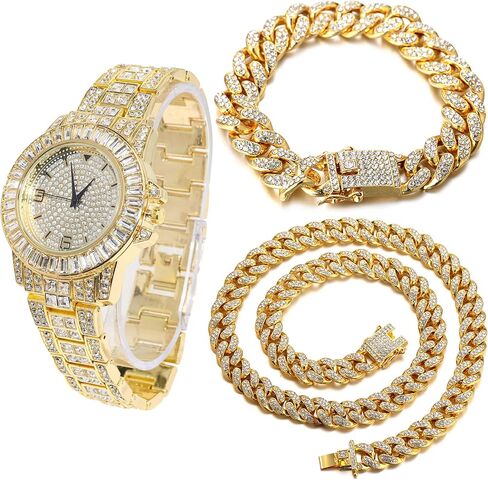 Halukakah Diamonds Gold Watch Iced Out,Men's 18K Real Gold/Platinum White Gold Plated 38MM Width Round Dial Quartz Wristband 8.7" with Cuban Link Chain 8"+18" Necklace Bracelet,Free Giftbox in Kuwait