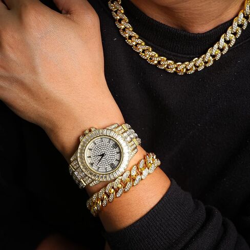 Halukakah Diamonds Gold Watch Iced Out,Men's 18K Real Gold/Platinum White Gold Plated 38MM Width Round Dial Quartz Wristband 8.7" with Cuban Link Chain 8"+18" Necklace Bracelet,Free Giftbox in Kuwait