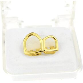 Double Cap Open Face Grillz 14k Gold Plated Canine Two Tooth Upper Top Left Side Teeth Hip Hop Grills in Kuwait