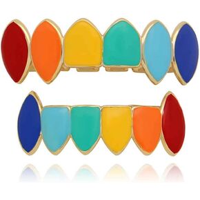 Psivika Multicolor Plated Rainbow Hip Hop Teeth Grillz Caps Iced Out CZ Vampire Fangs Grillz for Men and Women in Kuwait