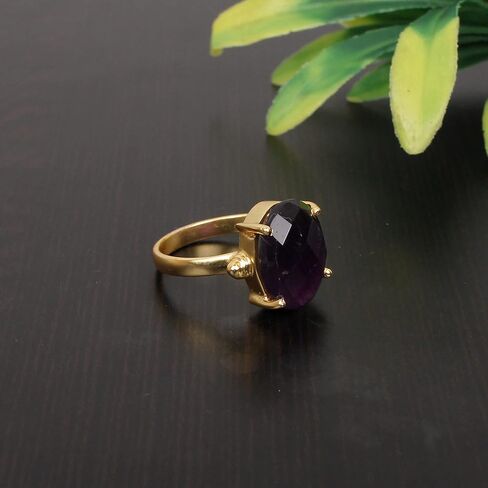 Natural Purple Amethyst Briolette Cut Prong Handmade Statement Setting Gold Plated Brass Ring in Kuwait