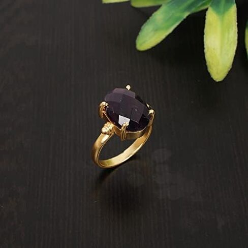 Natural Purple Amethyst Briolette Cut Prong Handmade Statement Setting Gold Plated Brass Ring in Kuwait