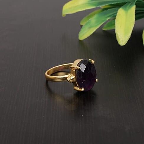 Natural Purple Amethyst Briolette Cut Prong Handmade Statement Setting Gold Plated Brass Ring in Kuwait