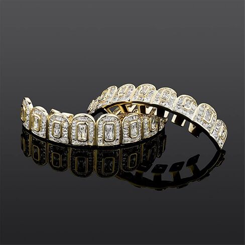 Hip Hop 18K Gold Plated Iced out Ladder Square Lab Diamond Zirconium Teeth Grilz Set Rap Top and Bottom Grills in Saudi Arabia