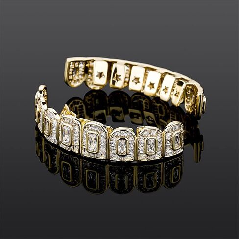 Hip Hop 18K Gold Plated Iced out Ladder Square Lab Diamond Zirconium Teeth Grilz Set Rap Top and Bottom Grills in Saudi Arabia
