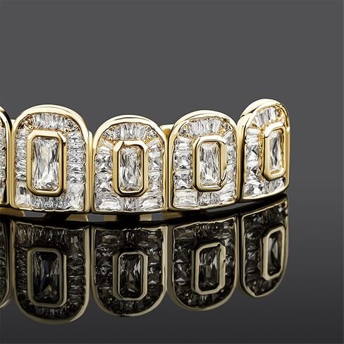 Hip Hop 18K Gold Plated Iced out Ladder Square Lab Diamond Zirconium Teeth Grilz Set Rap Top and Bottom Grills in Saudi Arabia