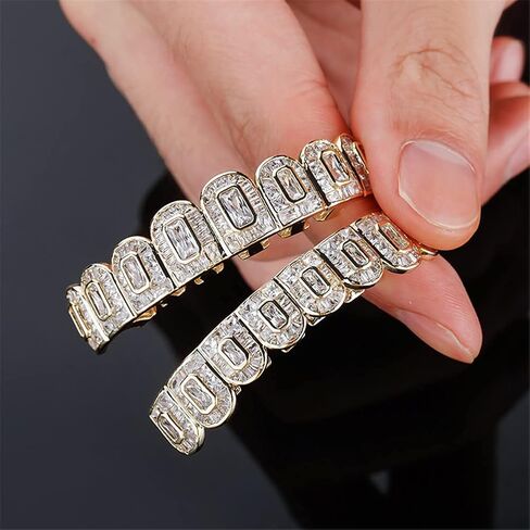 Hip Hop 18K Gold Plated Iced out Ladder Square Lab Diamond Zirconium Teeth Grilz Set Rap Top and Bottom Grills in Saudi Arabia