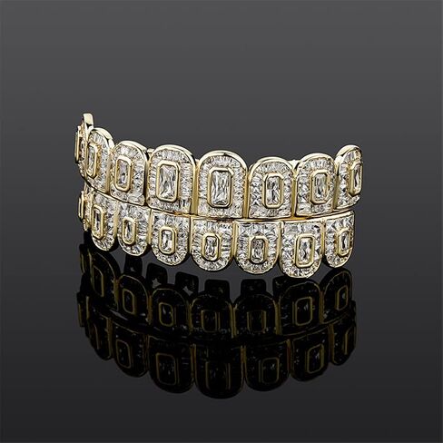 Hip Hop 18K Gold Plated Iced out Ladder Square Lab Diamond Zirconium Teeth Grilz Set Rap Top and Bottom Grills in Saudi Arabia