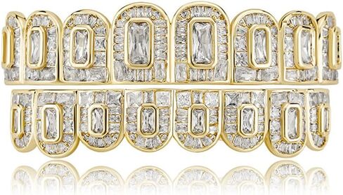 Hip Hop 18K Gold Plated Iced out Ladder Square Lab Diamond Zirconium Teeth Grilz Set Rap Top and Bottom Grills in Saudi Arabia