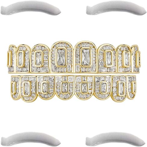 Hip Hop 18K Gold Plated Iced out Ladder Square Lab Diamond Zirconium Teeth Grilz Set Rap Top and Bottom Grills in Saudi Arabia