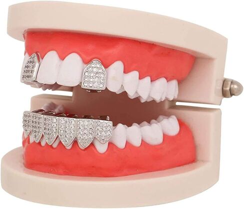 Canjoyn 18k Gold Silver Pave Full CZ Grills 2 قطعة علوية واحدة و6 مجموعة شوايات أسنان سفلية + قضبان صب إضافية in Kuwait
