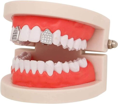 Canjoyn 18k Gold Silver Pave Full CZ Grills 2 قطعة علوية واحدة و6 مجموعة شوايات أسنان سفلية + قضبان صب إضافية in Kuwait