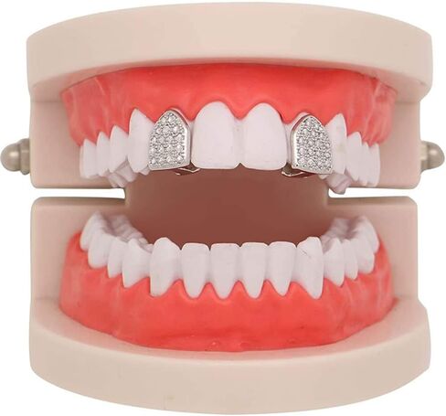 Canjoyn 18k Gold Silver Pave Full CZ Grills 2 قطعة علوية واحدة و6 مجموعة شوايات أسنان سفلية + قضبان صب إضافية in Kuwait