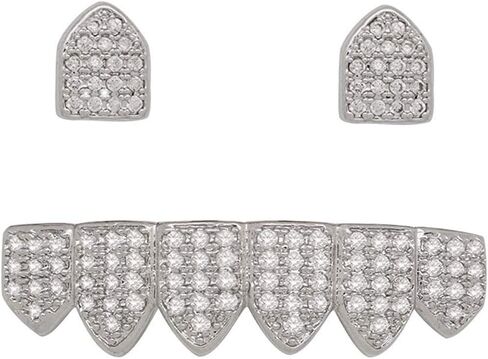 Canjoyn 18k Gold Silver Pave Full CZ Grills 2 قطعة علوية واحدة و6 مجموعة شوايات أسنان سفلية + قضبان صب إضافية in Kuwait