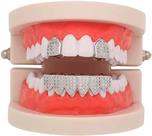Canjoyn 18k Gold Silver Pave Full CZ Grills 2 قطعة علوية واحدة و6 مجموعة شوايات أسنان سفلية + قضبان صب إضافية in Kuwait