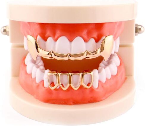 Psivika Gold Plated Shiny Hip Hop Teeth Grillz Caps Iced Out CZ Top and Bottom Vampire Fangs Grillz for Men and Women in Saudi Arabia