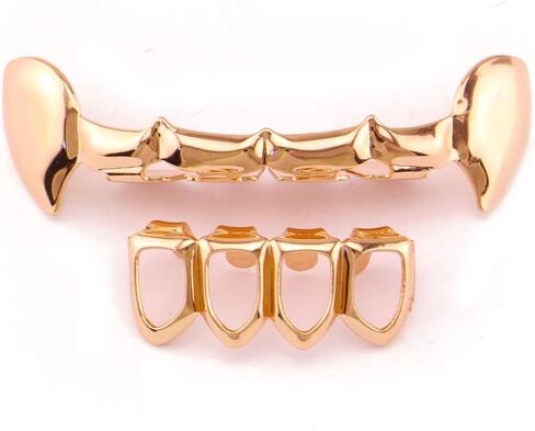 Psivika Gold Plated Shiny Hip Hop Teeth Grillz Caps Iced Out CZ Top and Bottom Vampire Fangs Grillz for Men and Women in Saudi Arabia