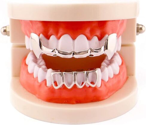 Psivika Gold Plated Shiny Hip Hop Teeth Grillz Caps Iced Out CZ Top and Bottom Vampire Fangs Grillz for Men and Women in Saudi Arabia