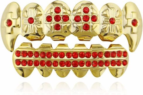 OOCC 18K Gold Plated Hip Hop Grillz CZ Top and Bottom Grills for Your Teeth with Red Diamond in Saudi Arabia