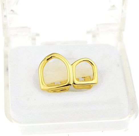 Double Cap Open Face Grillz 14k Gold Plated Canine Two Tooth Upper Top Left Side Teeth Hip Hop Grills in Kuwait