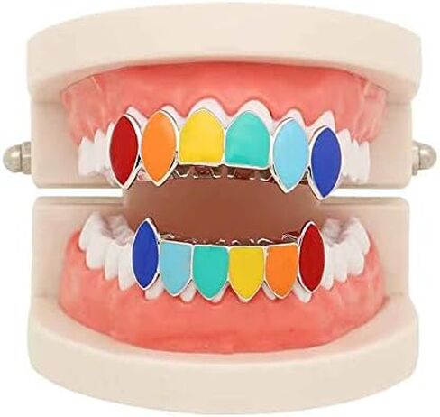 Psivika Multicolor Plated Rainbow Hip Hop Teeth Grillz Caps Iced Out CZ Vampire Fangs Grillz for Men and Women in Kuwait