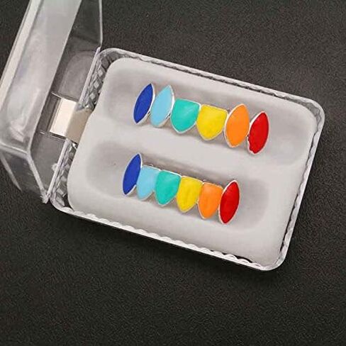 Psivika Multicolor Plated Rainbow Hip Hop Teeth Grillz Caps Iced Out CZ Vampire Fangs Grillz for Men and Women in Kuwait