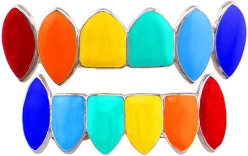 Psivika Multicolor Plated Rainbow Hip Hop Teeth Grillz Caps Iced Out CZ Vampire Fangs Grillz for Men and Women in Kuwait