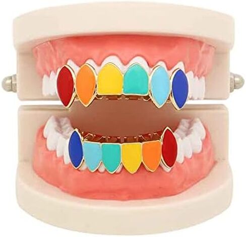 Psivika Multicolor Plated Rainbow Hip Hop Teeth Grillz Caps Iced Out CZ Vampire Fangs Grillz for Men and Women in Kuwait