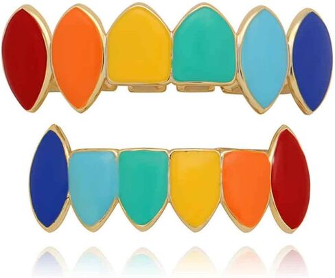Psivika Multicolor Plated Rainbow Hip Hop Teeth Grillz Caps Iced Out CZ Vampire Fangs Grillz for Men and Women in Kuwait
