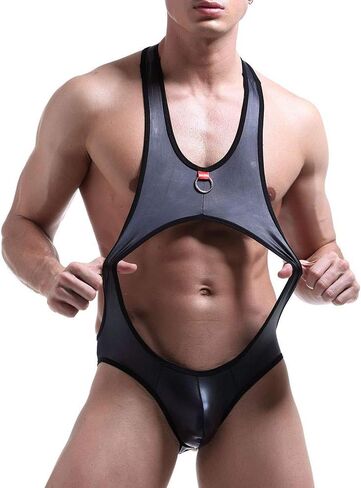 Metallic Body Chest Harness for Men Patent Leather Jockstrap Wrestling Singlet Leotard Butt-Flaunting Bodysuit in Saudi Arabia