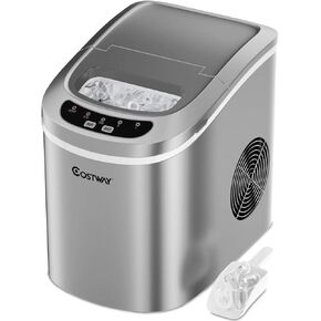 COSTWAY Countertop Ice Maker, 26LBS/24H Portable and Compact Ice Maker Machine, Ice Cubes Ready in 6 Mins, Electric High Efficiency Small Ice Maker with Ice Scoop for Home Kitchen Office, Silver in Saudi Arabia