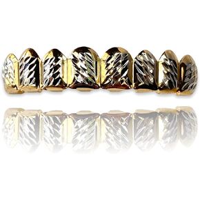 Shop-iGold 18k Gold Silver Two Tone Plated Cluster Custom Slugs Fangs Top Bottom Diamond Cut Grillz Mouth Teeth Grills Set - Grillz, Teeth Cap in Kuwait