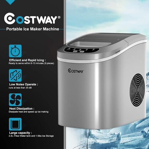 COSTWAY Countertop Ice Maker, 26LBS/24H Portable and Compact Ice Maker Machine, Ice Cubes Ready in 6 Mins, Electric High Efficiency Small Ice Maker with Ice Scoop for Home Kitchen Office, Silver in Saudi Arabia