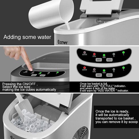 COSTWAY Countertop Ice Maker, 26LBS/24H Portable and Compact Ice Maker Machine, Ice Cubes Ready in 6 Mins, Electric High Efficiency Small Ice Maker with Ice Scoop for Home Kitchen Office, Silver in Saudi Arabia