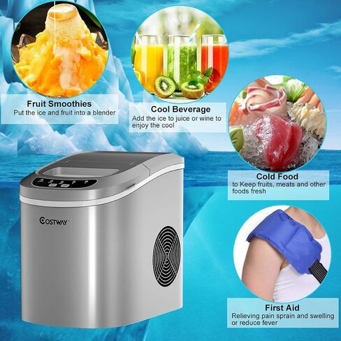 COSTWAY Countertop Ice Maker, 26LBS/24H Portable and Compact Ice Maker Machine, Ice Cubes Ready in 6 Mins, Electric High Efficiency Small Ice Maker with Ice Scoop for Home Kitchen Office, Silver in Saudi Arabia