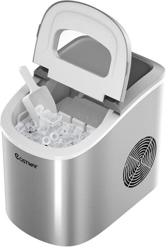 COSTWAY Countertop Ice Maker, 26LBS/24H Portable and Compact Ice Maker Machine, Ice Cubes Ready in 6 Mins, Electric High Efficiency Small Ice Maker with Ice Scoop for Home Kitchen Office, Silver in Saudi Arabia
